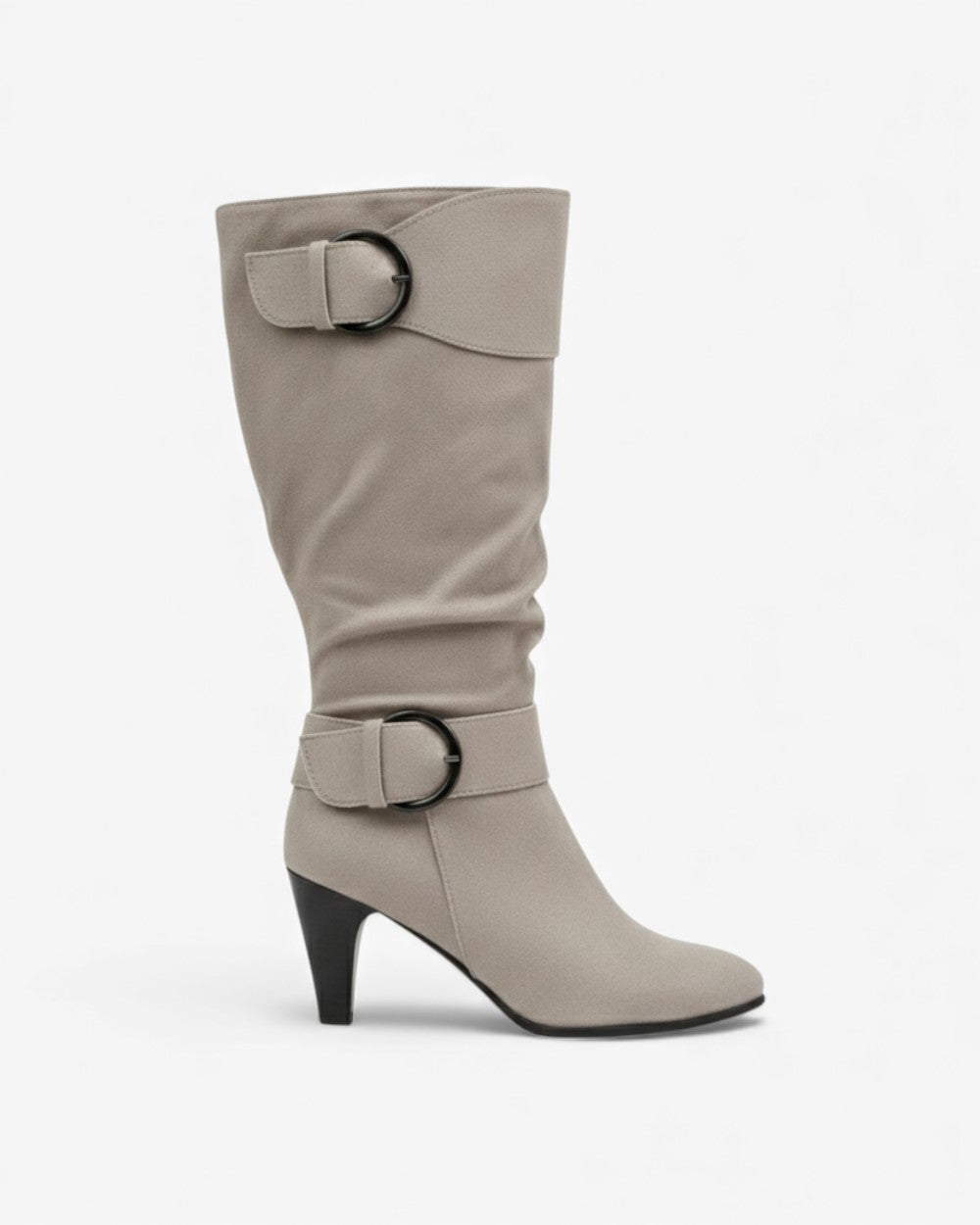Heeled knee-high boots with buckle strap