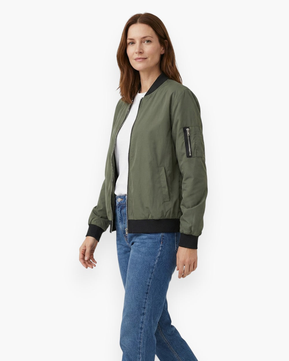 Zip-up bomber jacket with ribbed trim and utility pocket