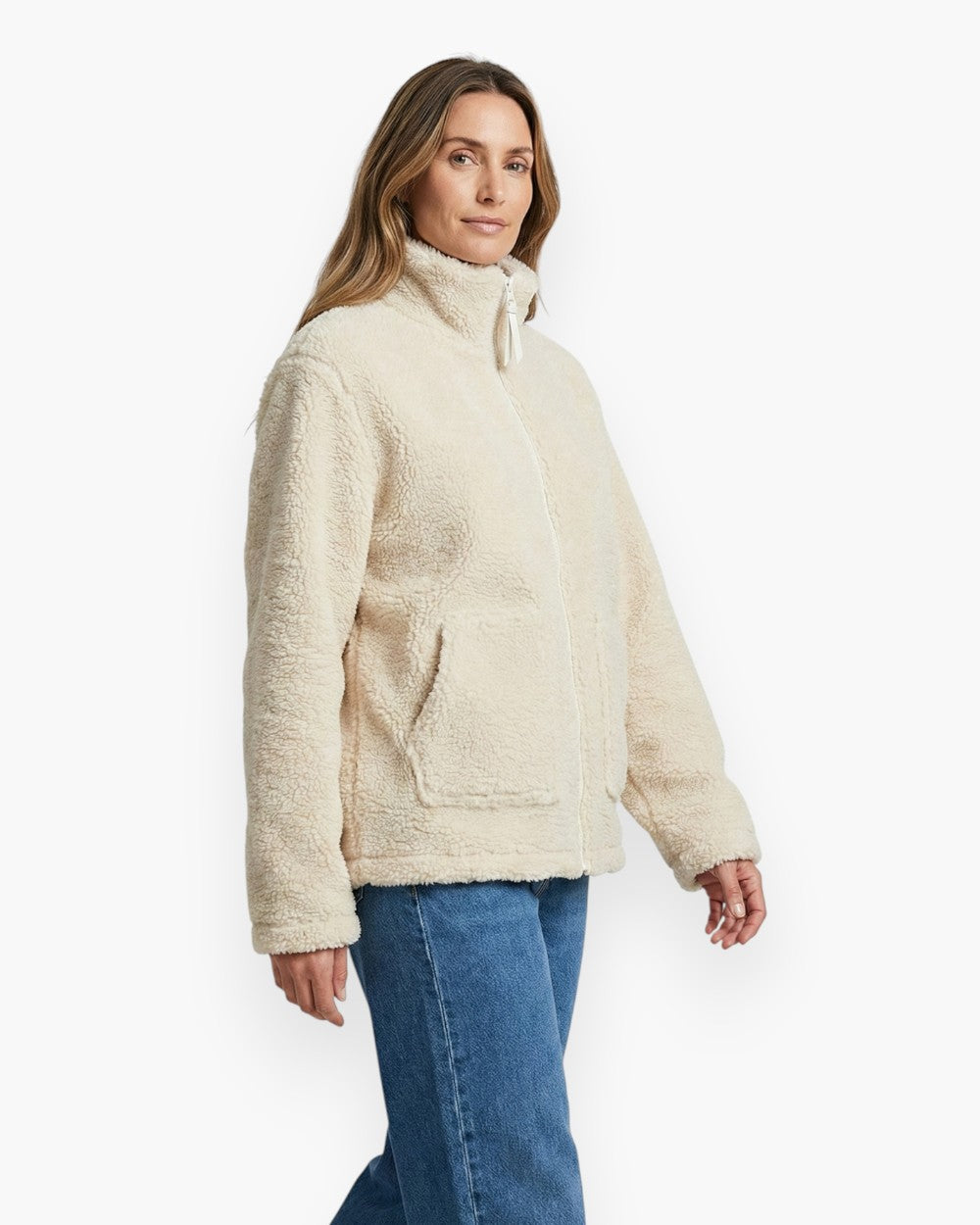 Zip-Front Teddy Jacket with Funnel Neck and Front Pockets